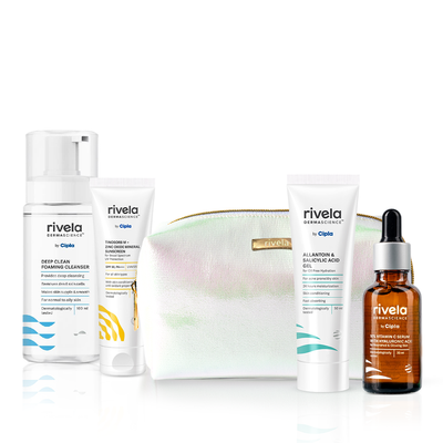 Rivela Dermascience Radiance Kit | Routine for Glowing Skin | Set of 4 with free pouch: Cleanser, Moisturiser, Vitamin C Serum, Sunscreen | Perfect Gifting Combo