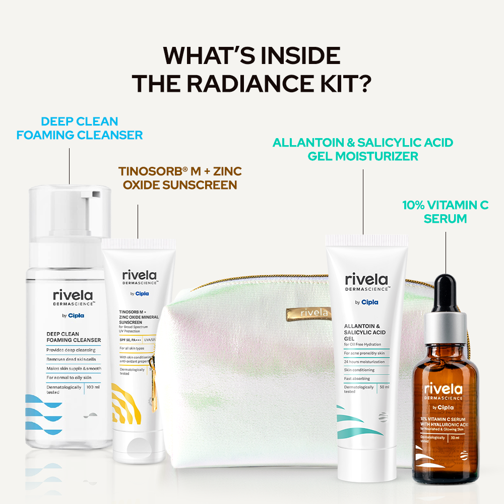 Rivela Dermascience Radiance Kit | Routine for Glowing Skin | Set of 4 with free pouch: Cleanser, Moisturiser, Vitamin C Serum, Sunscreen | Perfect Gifting Combo
